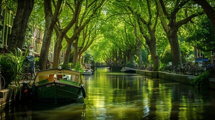 Fototapeta premium Boat cruise on the saint martin canal beneath the trees