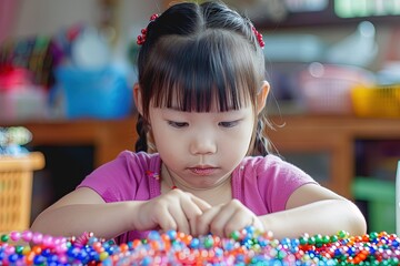 a little girl playing with a bunch of beads