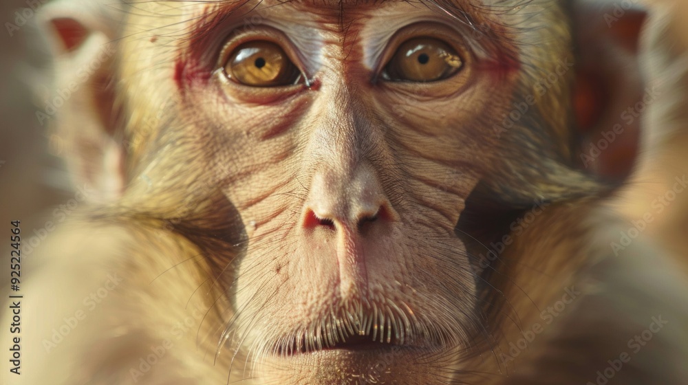 Poster a captivating encounter with a monkey, showcasing its detailed features and expressive gaze in a ser