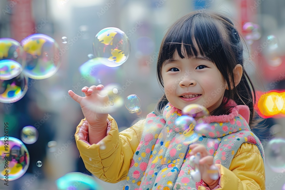 Canvas Prints a little girl is playing with bubbles in the street