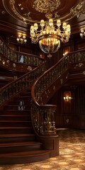 Obraz premium Grand Staircase with Chandelier in Luxury Mansion Interior