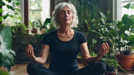 An older woman sits cross-legged, eyes closed, meditating peacefully in a room filled with greenery and soft light.