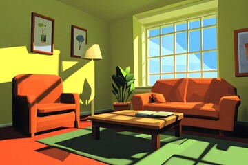 Living Room Illustration with Orange Sofa and Green Plant