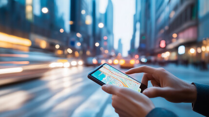 Traveler using a digital map on a smartphone, navigating through a busy city street, with landmarks and routes clearly visible, showcasing the convenience of mobile technology in t