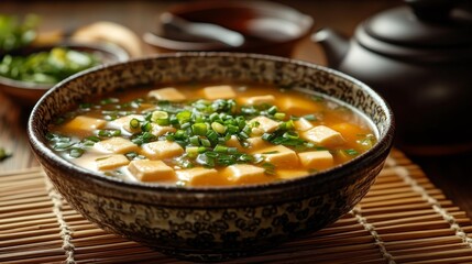 Traditional miso soup with tofu and green onions - generative ai