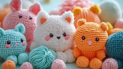 variety of pom-pom crafts, including miniature animals and ornaments, made from fluffy yarn pom-poms, showcasing creativity and crafting skills