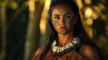 A young Maori woman showcases her cultural heritage with intricate facial tattoos and traditional jewelry surrounded by lush greenery in the warm evening light