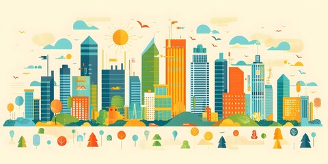 Cityscape Illustration With Colorful Buildings And Trees