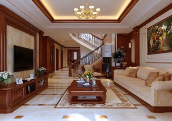 Luxury Living Room Interior Design with Wooden Staircase