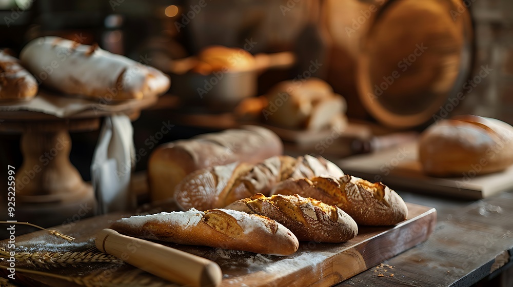 Wall mural Bread slice pastry brown morning bake organic cut table grain baguette board and full wooden meal