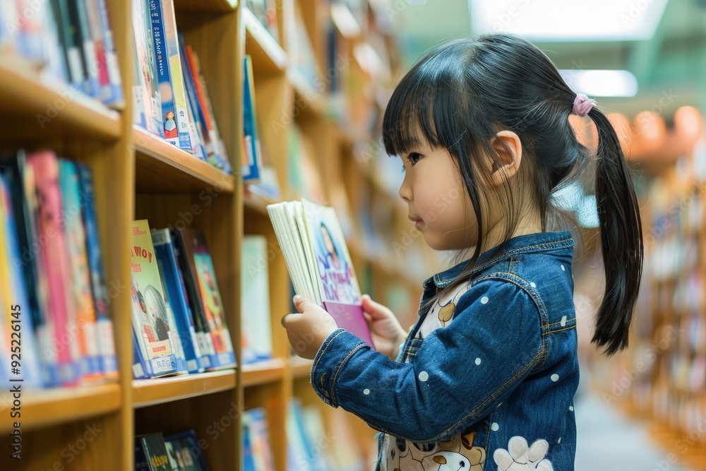 Canvas Prints a little girl reading a book in a library