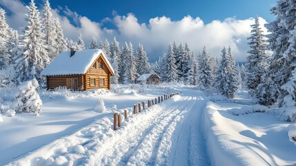 snowy landscape with evergreen trees and a wooden cabin in the distance