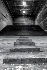 Black and White Photo of Stairs in an Abandoned Building