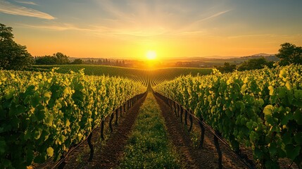 Fototapeta premium serene vineyard at sunset, with rows of grapevines stretching out towards the horizon