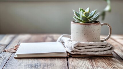 Cozy Workspace Essentials: Notebook, Succulent, Coffee Mug & Linen Cloth Flat Lay