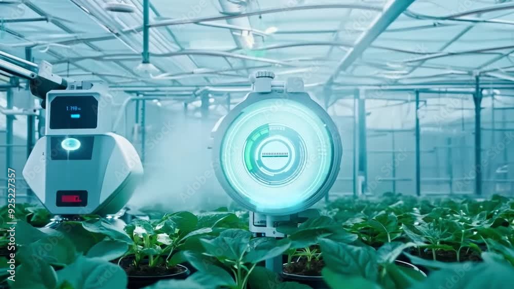 Aufkleber Automated sensors and robotic arms work together to monitor and optimize plant growth inside a modern greenhouse.