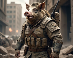 Dressed in a soldier's uniform, adult boar / pig is fighting in a war.