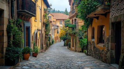 Obraz premium charming historic town with cobblestone streets, old buildings, and a central plaza