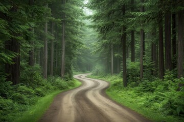 Fototapeta premium Dirt road winding through pine forest, rugged and wild