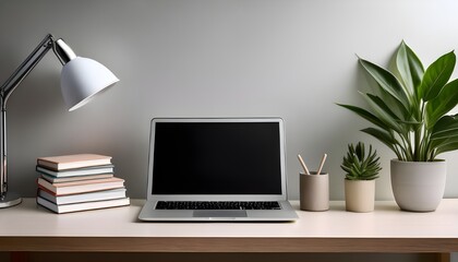 Modern Home Desk Work Place, With Laptop, Desk lamp and plant, Background concept.