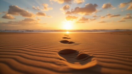 Obraz premium Footprints in Warm Sand Stretching Towards the Distant Sunset Horizon