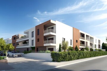 Modern Apartment Building With Balconies And Green Landscaping