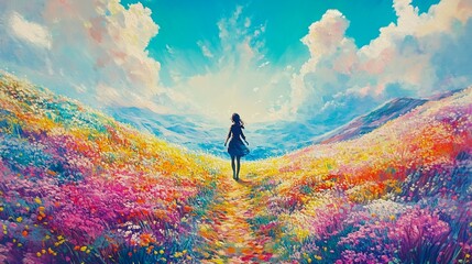 Fantasy Anime Postcard: Vibrant Meadow Landscape with Nature Elements, Cartoon Illustration