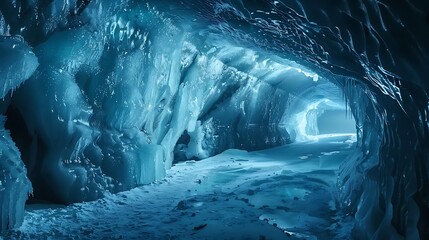 Breathtaking interior of a frozen blue glacier thrilling tour of an ice cellar