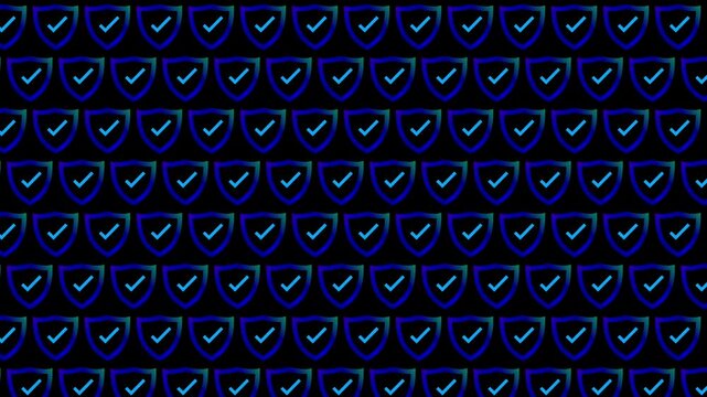 A blue and white pattern of shields with a check mark on them. The shields are arranged in a grid pattern and are all the same size