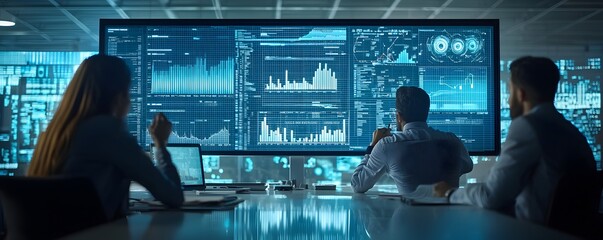 A Dynamic Team Meeting Amidst a High-Tech Data Presentation in a Sleek, Modern Office Environment