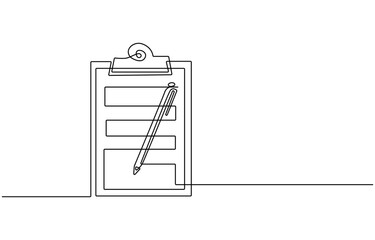 Clipboard with checklist and pen in one continuous line drawing. To do list with ticks and concept for test expertise and exam in simple linear style, Clipboard with checklist