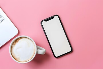 Laptop Smartphone and Coffee on Pink Background