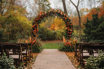 Autumn wedding celebration setup in a garden with a floral arch and decorated seating