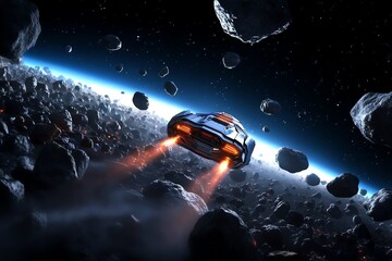 A futuristic spaceship navigates a field of asteroids, its thrusters blazing as it speeds through the vast expanse of space.