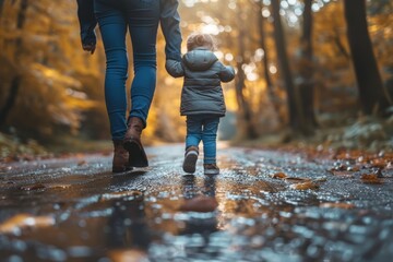 A child dressed in winter clothing holding hands with an adult, walking through a scenic, leaf-covered forest path during autumn, surrounded by golden foliage.