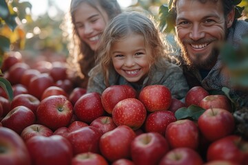 Family gathering apples at an orchard during a sunny afternoon in autumn