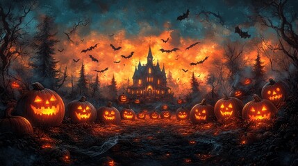 Spooky halloween haunted house with glowing pumpkins - generative ai