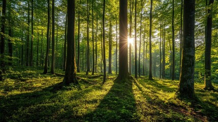 Fototapeta premium A vibrant forest of fresh green deciduous trees, with sunlight streaming through the leaves, creating a serene scene
