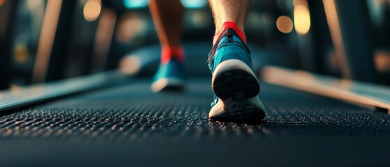 Close-up of a person running on a treadmill, showcasing athletic shoes and fitness lifestyle in a modern gym environment.