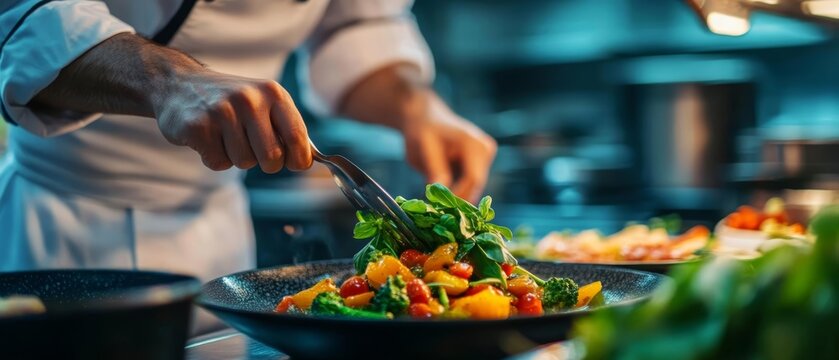 Close-up of a chef preparing a vibrant salad in a professional kitchen, showcasing culinary skills and fresh ingredients.