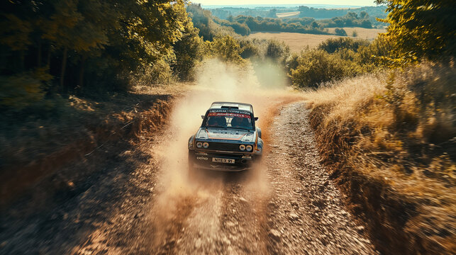 Old rally car on the road, splashing the dirt in racing scene in the forest