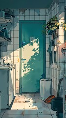 Obraz premium Green Door and Sunlit Tile Floor in A Laundry Room