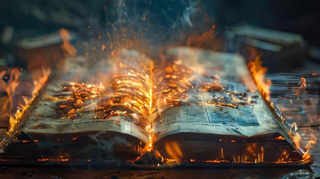 An ancient, worn book with pages aflame, set on an ornate table in a dimly lit room