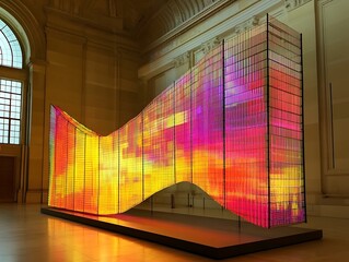 Obraz premium A Curving Wall of Colorful, Illuminated Glass Panels