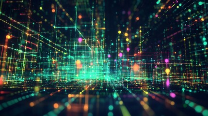 An abstract background that captures the essence of a digital matrix. The design features a grid of glowing lines and dots arranged in a complex, interconnected pattern. The lines are crisp and