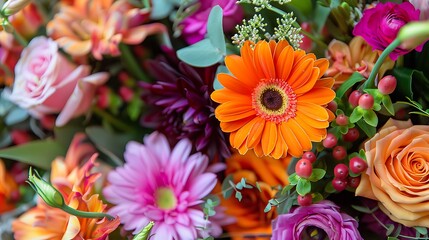 Bright bouquet of fresh flowers light by the sun with a vibrant variety of petals and foliage