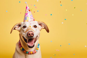 Dog celebrating birthday wearing cone hat. Happy birthday greeting card with funny puppy and copy space