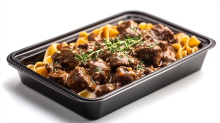 Fototapeta premium Delicious Beef Stroganoff with Pasta in a Black Container - Food Photography