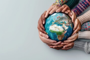 A diverse group of hands holding a globe, symbolizing unity, collaboration, and global responsibility. This image embodies the essence of coming together for a better world.