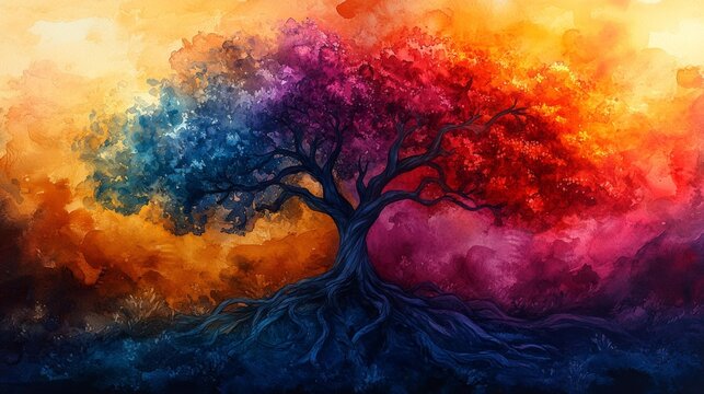 Colorful tree of life in abstract landscape - generative ai - Powered by Adobe